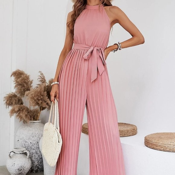 . Pants - Pink Boho Womens Solid Pleated Belted Halter Jumpsuit